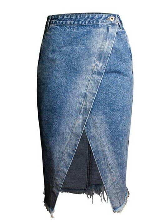 Front Split Asymmetric Bodycon Womens Denim Skirt